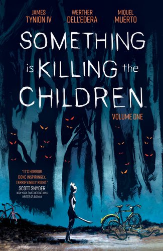 A dark blue forest with branches turning into claws and eyes peering out of the darkness. A small woman is standing at the bottom with a weapon in her hand as she looks to the forest.