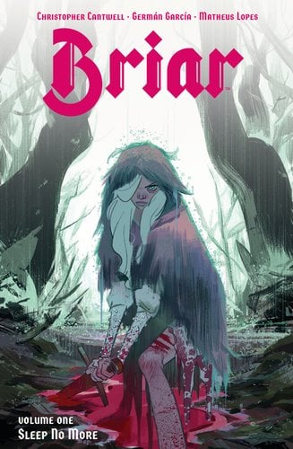 A woman stands staring at the camera with a sword in her hands. She is covered in blood and it is raining
