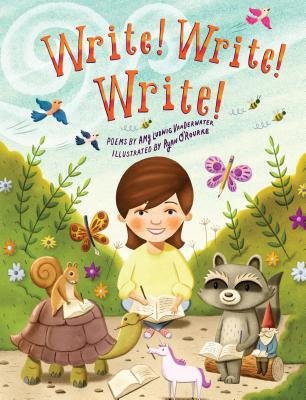 Write! Write! Write! by Amy Ludwig Vanderwater, Illustrator Ryan O'Rourke shows a girl sitting in sand between bushes with a racoon, gnome, unicorn, turtle, and squirrel. Birds and butterflies fly around them.