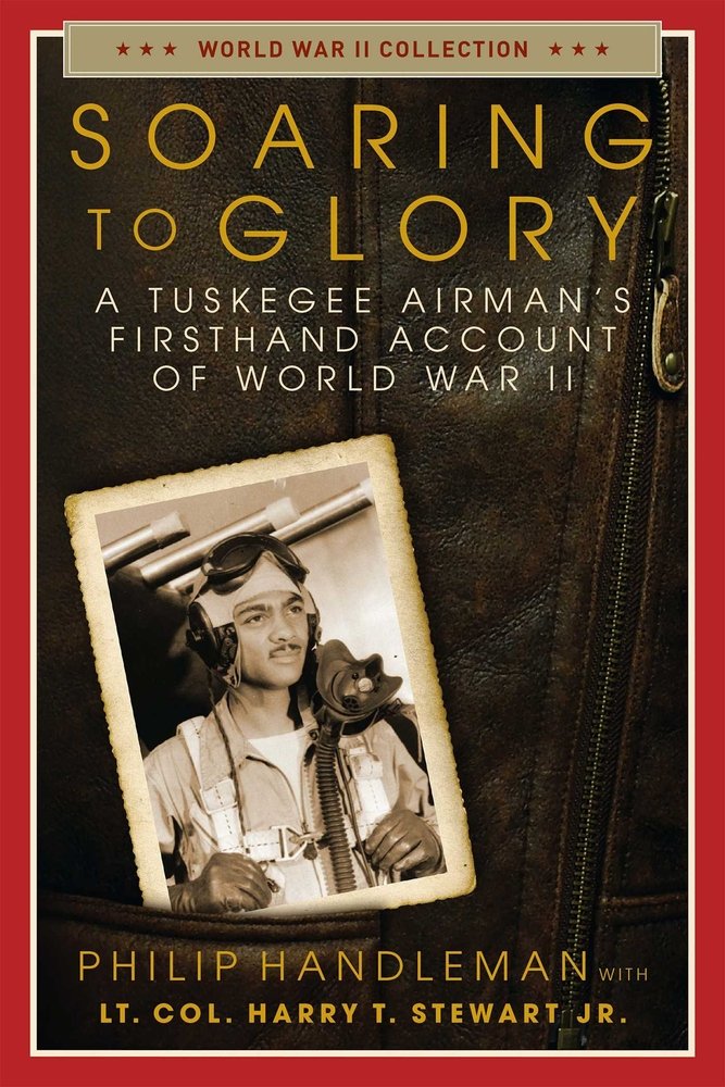 Soaring to Glory book cover by Philip Handleman and Lt. Col. Harry T. Stewart book cover zoomed in on a leather jacket and a polaroid picture coming out of a pilot in uniform looking out into the distance.