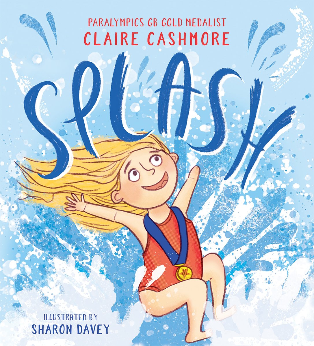 Splash by Clare Cashmore depicting a girl without a left forearm jumping into a pool, making a splash while wearing a gold medal around her neck.
