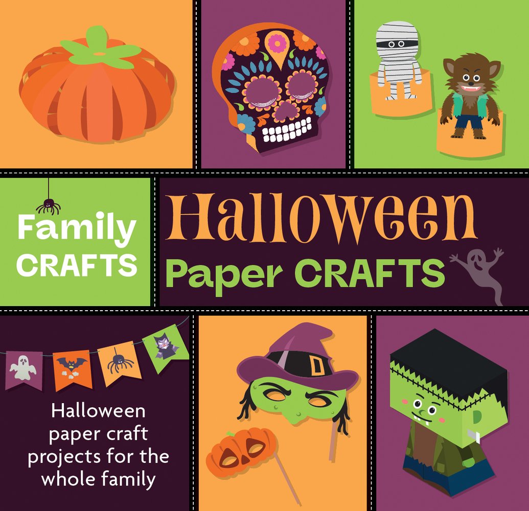 A cover of Halloween Paper Crafts by Toby Reynolds and Claire Munday. The cover is made up of eight colorful squares. Most of the squares contain cartoonish Halloween drawings, while the two middle squares contain the book's title.