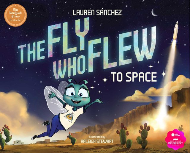 The Fly Who Flew by Lauren Sánchez, Illustrated by Raleigh Stewart, book cover. Starry night in the background, a fly wearing jeans and a white shirt has their arms up in midst flight. A rocket ship lifting off in the background, and cactus and sand are on the ground.