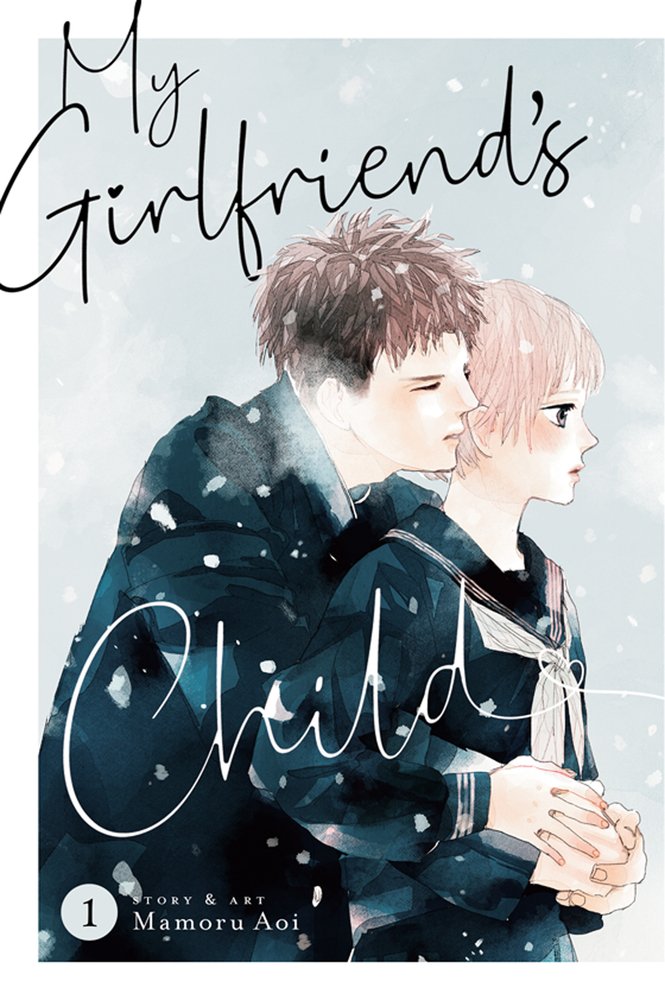 "My Girlfriend's Child" by Mamoru Aoi manga cover, depicting a high school couple in uniform; the boy has his arms wrapped around the girl's waist.