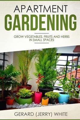 Apartment Gardening book cover with a variety of plants in colorful pots on an apartment balcony.