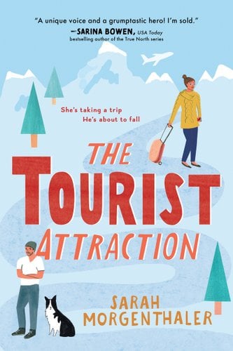 The Tourist Attraction by Sarah Morgenthaler featuring a man standing next to a dog and a woman pulling a suitcase through a snowy path.