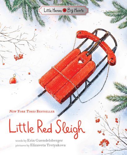 A snowy white background with a red wooden sleigh on the ground surrounded by bright green tree branches