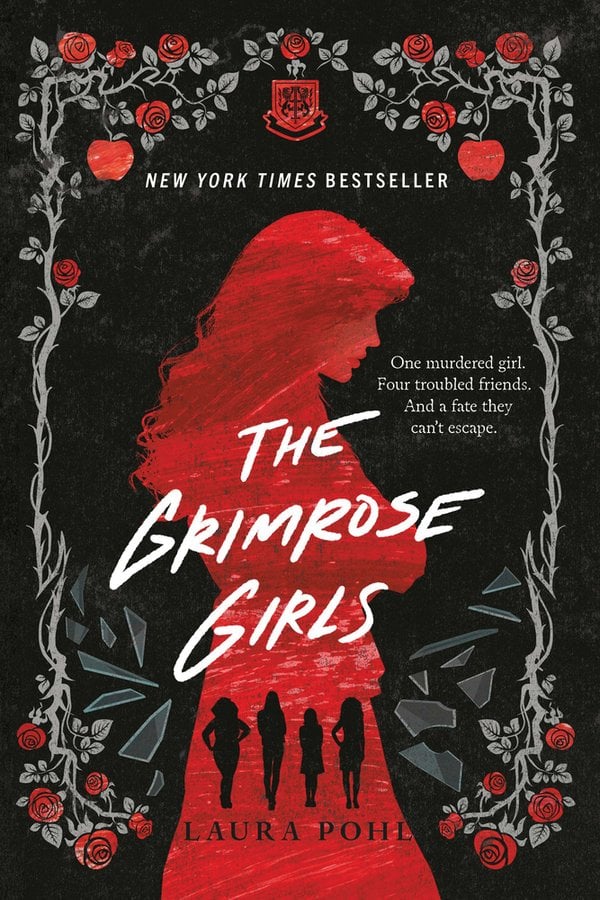 The Grimrose Girls by Laura Pohl a young adult book cover depicting a girl in red silhouette on a black background.