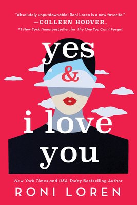 Yes and I Love You by Roni Lauren book cover. A woman with a blue face wearing red lipstick and surrounded by a red sky and clouds.