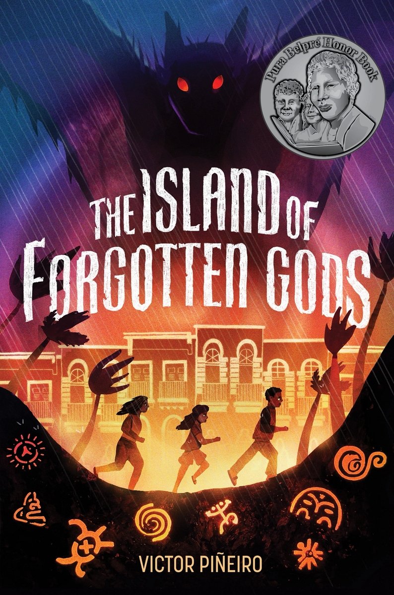 Book cover of The Island of Forgotten Gods by Victor Piñeiro, featuring three children silhouetted against a bright light running across the cover as a giant batlike creature looms over the city behind them.