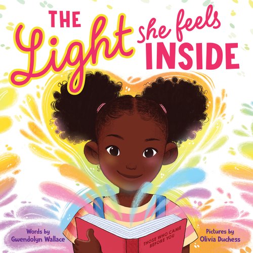 Front cover of "The Light she Feels Inside," showing a child with a smile and colors surrounding her.