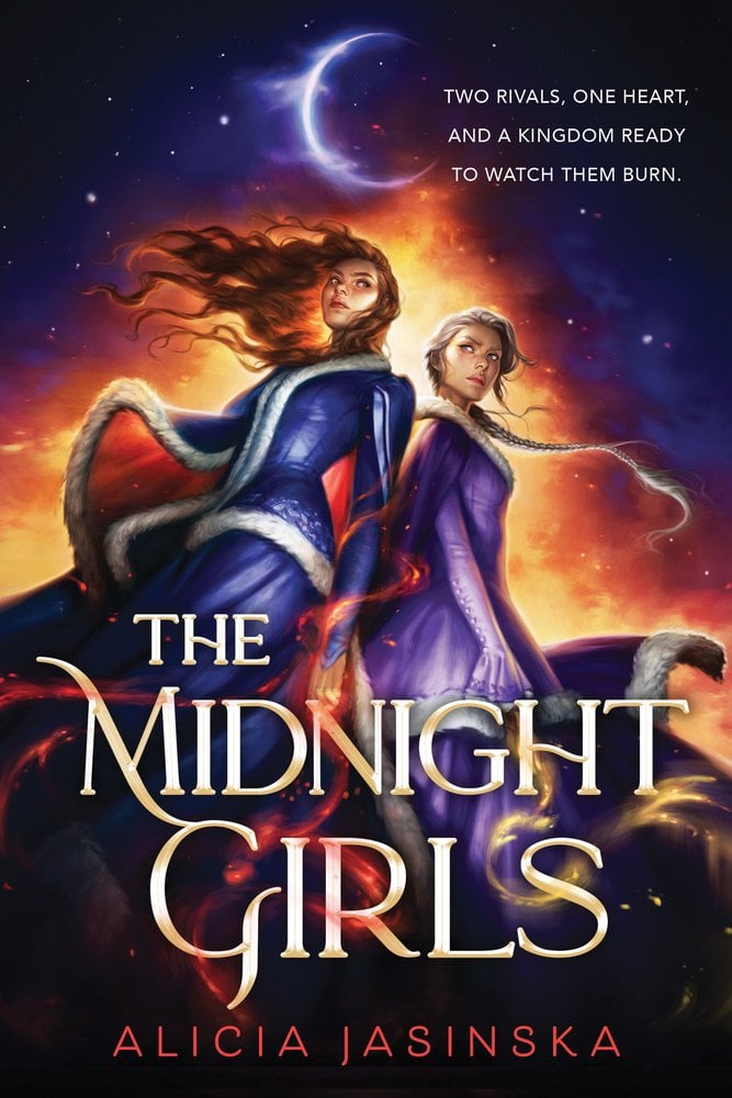 The Midnight Girls by Alicia Jasinska, a fantasy romance novel book cover featuring two young women in medieval-style blue and purple garments against a dramatic night sky with a crescent moon, and gold title lettering.