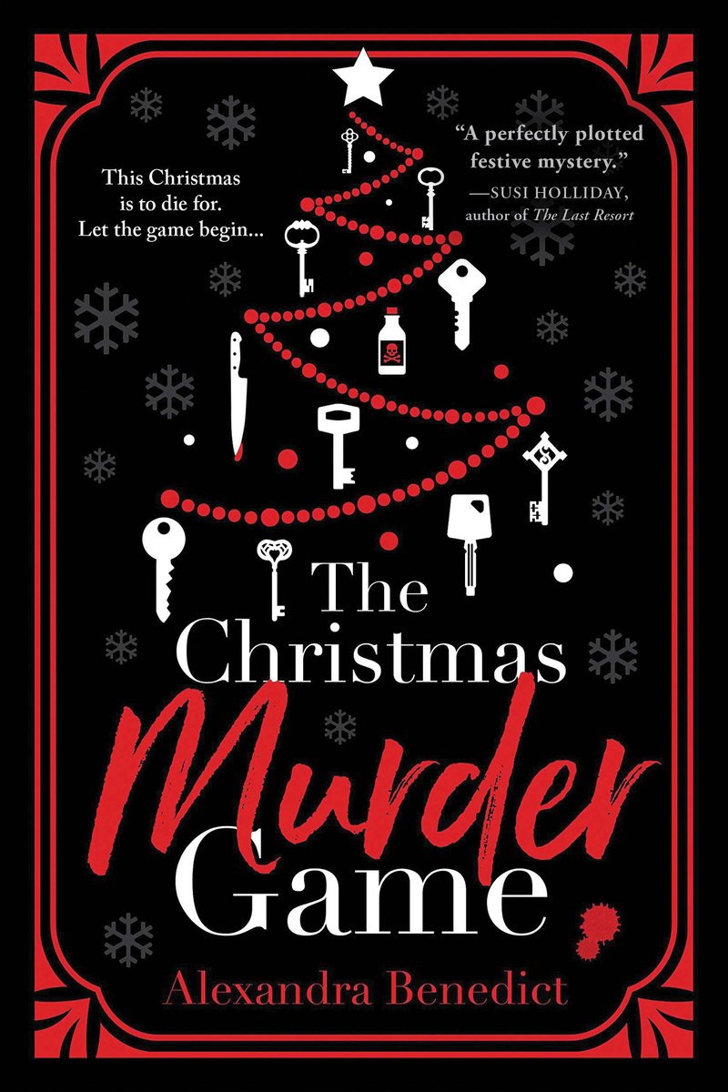 Cover of The Christmas Murder Game by Alexandra Benedict. A black background with red accents and a Christmas tree in the center made up of keys, knives, and poison bottles.