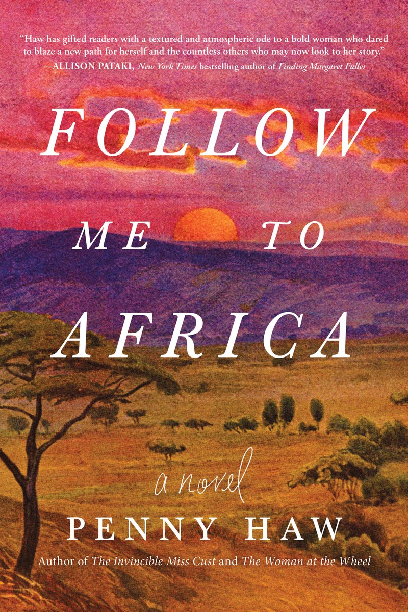 Follow Me to Africa by Penny Haw. White title text is visible over an illustration of a savannah with a colorful sunset.