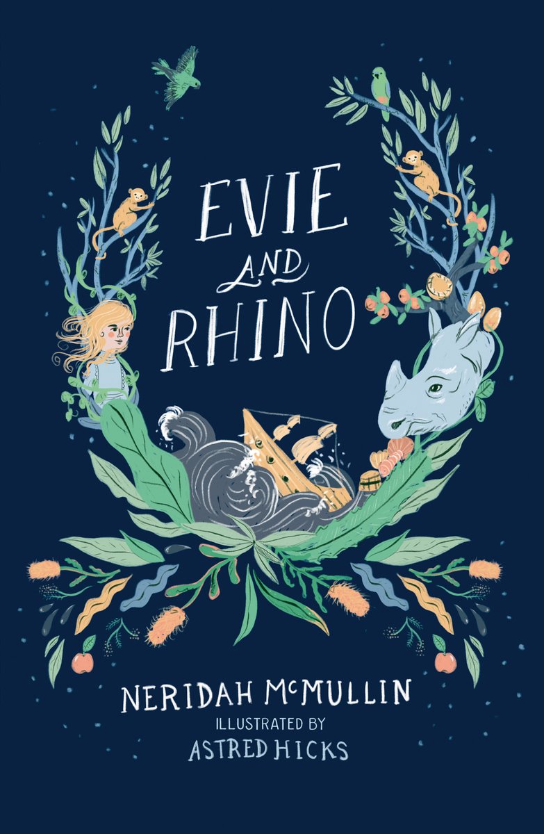 Book cover of Evie and Rhino by Neridah McMullin, Illustrated by Astred Hicks, featuring a floral motif on either side of which is a light-skinned child with long, blonde hair and a gray rhino, and in the center is a ship being tossed by waves.