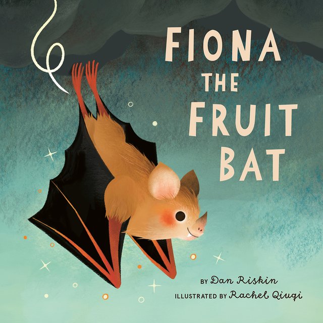 Fiona the Fruit Bat by Dan Riskin, Illustrated by Rachel Qiuqi, book cover. Blue and green colored background, a brown fruit bat with black wings is in flight downward with sparkles surrounding it.