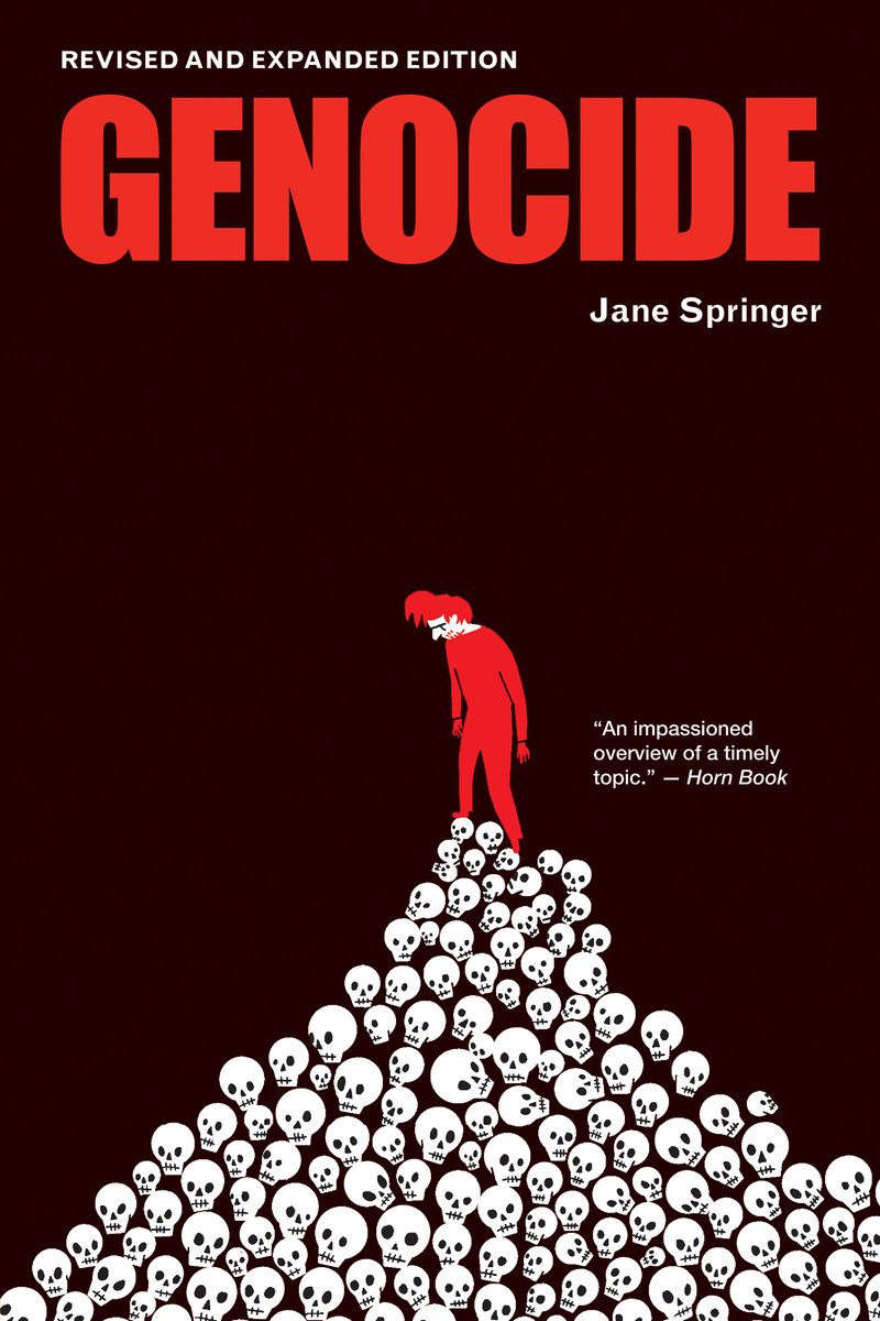An illustration of a person in red with red hair stand on top of a mountain of skulls.