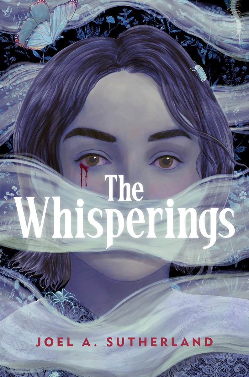 Book cover for YA horror novel, "The Whisperings" by Joel A Sutherland. The cover depicts a young girl crying bloody tears surrounded by wisps of smoke. The girl has pale skin and dark brown straight hair cut at her shoulders.