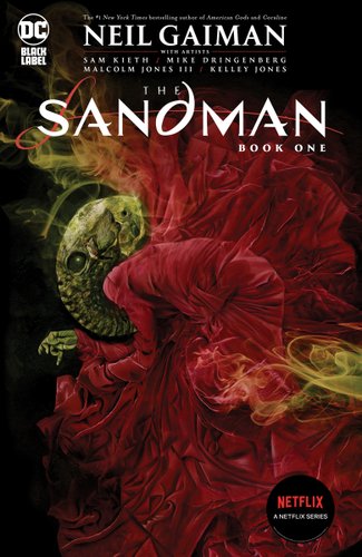 Book jacket for The Sandman comic book by Neil Gaiman. An alien-like monster hunches on the cover, dressed in a red robe that flows around them.