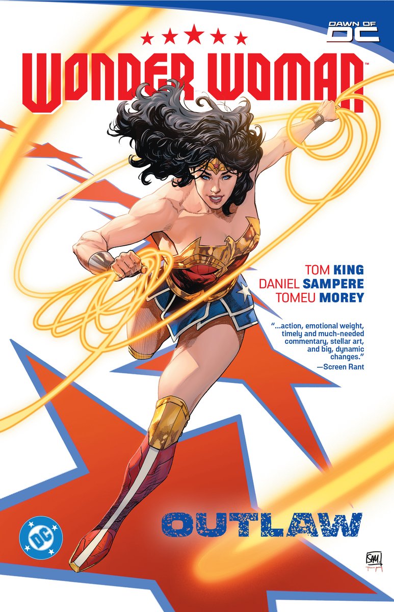 Book cover of Wonder Woman, Vol. 1: Outlaw, featuring a light-skinned woman with long, dark hair wearing a blue, red, and gold superhero outfit and boots and wielding a golden lasso.