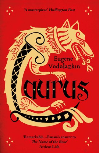Laurus by Eugene Vodolazkin book cover. An art nouveau style dog curves around the title, which is written in black stylistic font on a bright red background.