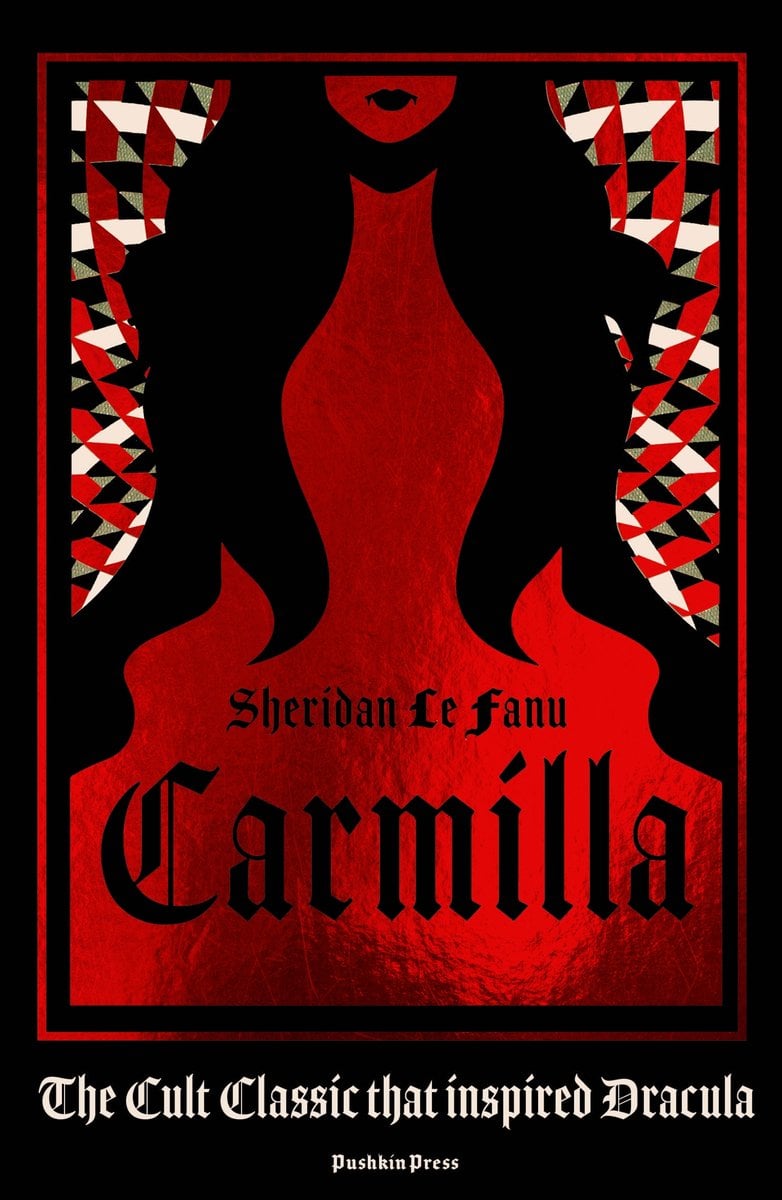 The book cover for Carmilla by Sheridan Le Fanu. A black background with the silhouette of a woman's body in red with black lips and hair. Behind her is an abstract pattern in black, red, gray, and white.