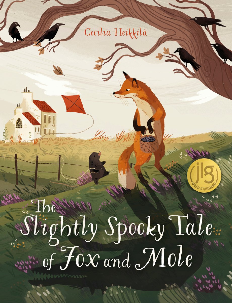 Book cover of The Slightly Spooky Tale of Fox and Mole by Cecilia Heikkila, translated by Polly Lawson, featuring a red fox walking on two legs and holding a basket of blueberries while walking through an autumn meadow; behind the fox is a small dark mole, holding the string of a kite.