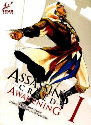 The book cover of Assassin's Creed: Awakening Book One features Edward Kenway from the Black Flag game, blade out and in a pose as if he's taking a leap of faith.