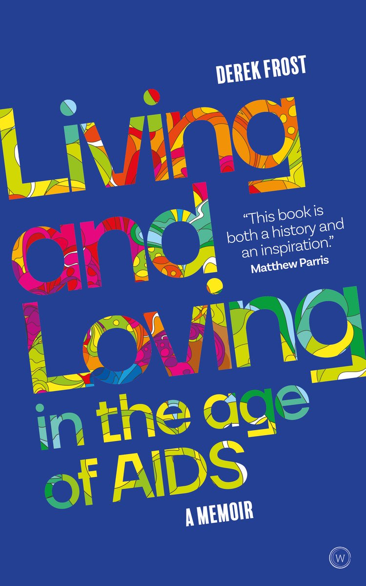 A title made up of rainbow abstract art on a blue background. The author's name is in white.
