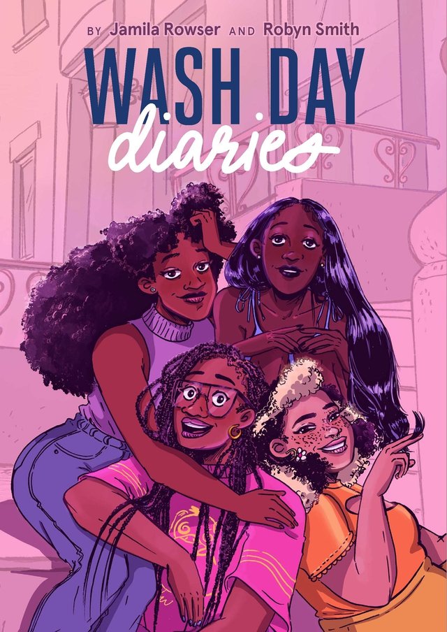 Five different women sit on the front steps of a townhouse. The background is highlighted in a pink haze. The title text is blue and white.