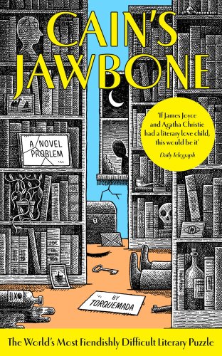 The cover of Cain's Jawbone, with shelves of black and white books with a dead person's feet peaking from an aisle