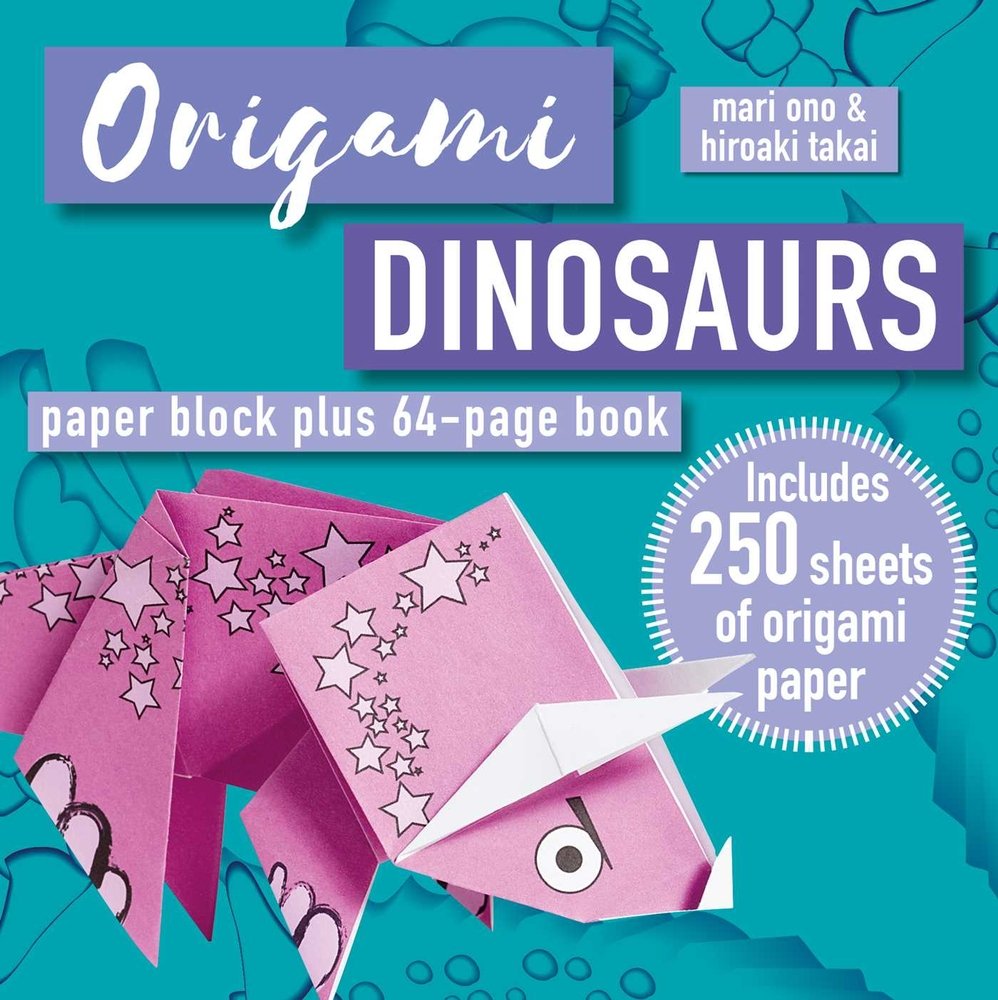Origami Dinosaurs by Mari Ono and Hiroaki Takai, a crafting kit and book cover depicting a teal, textured background with a pink origami dinosaur on the bottom left. The title is placed in separate purple squares. The word "origami" is written in cursive.