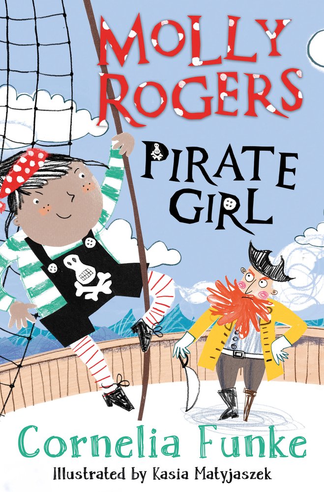 Cover of Molly Rogers, Pirate Girl by Cornelia Funke. A girl is holding a rope looking at a pirate who is holding a sword.