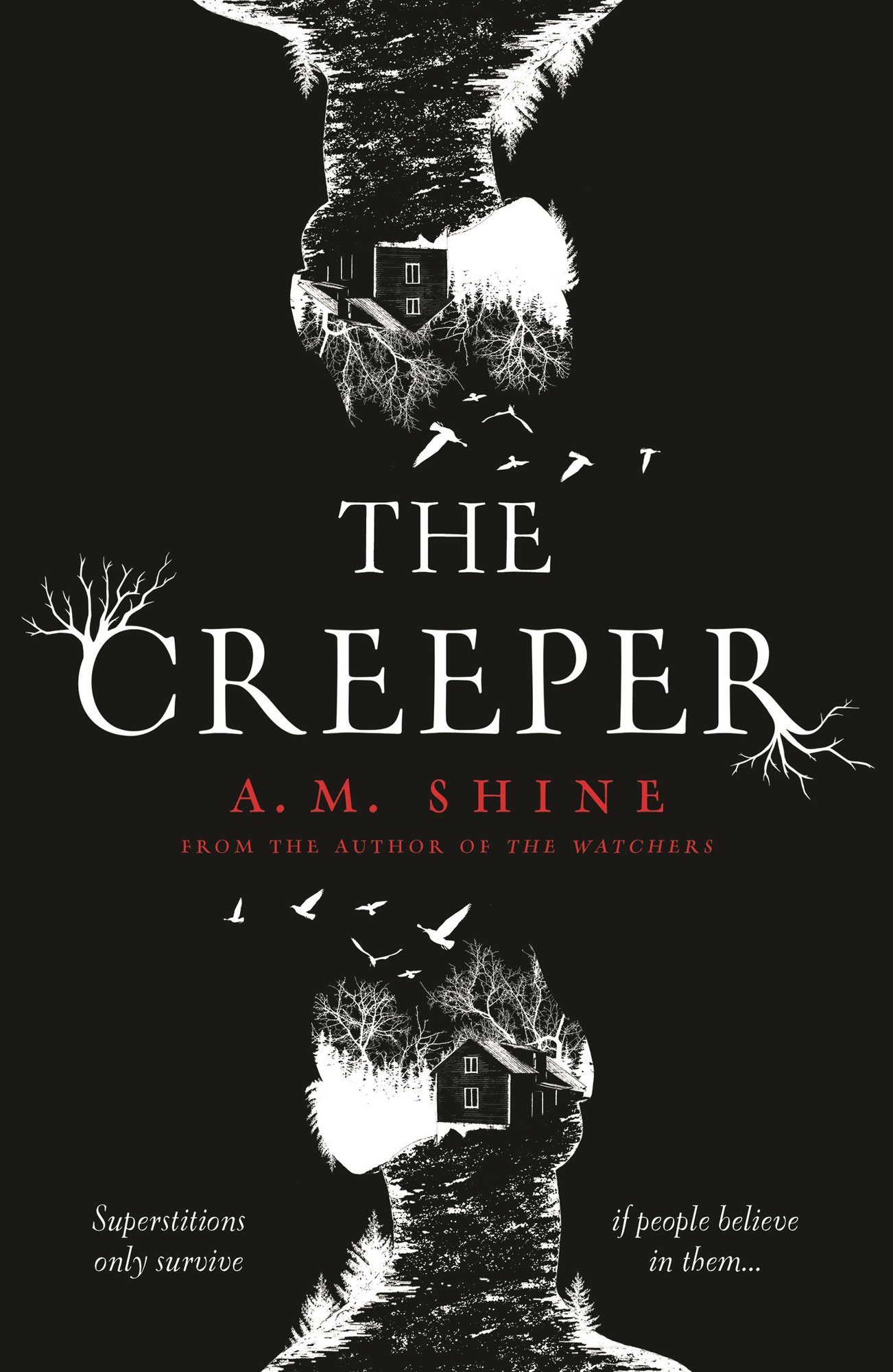 The Creeper by A.M. Shine. A horror book cover with a black background with white lettering and two silhouetted figures mirrored vertically