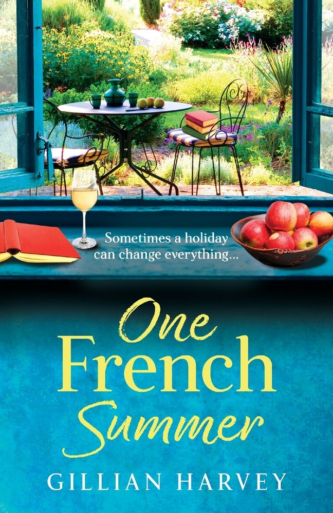 One French Summer by Gillian Harvey book cover featuring a garden with books, fruit, wine, and books.