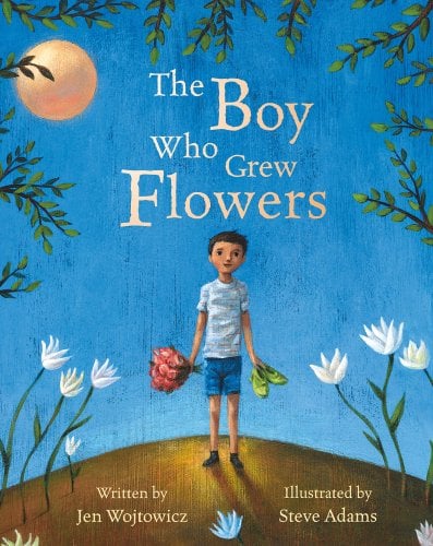 Green vines and white flowers are on every corner, surrounding a boy holding a bouquet and a pair of shoes. Over his head, the title is, The Boy Who Grew Flowers.