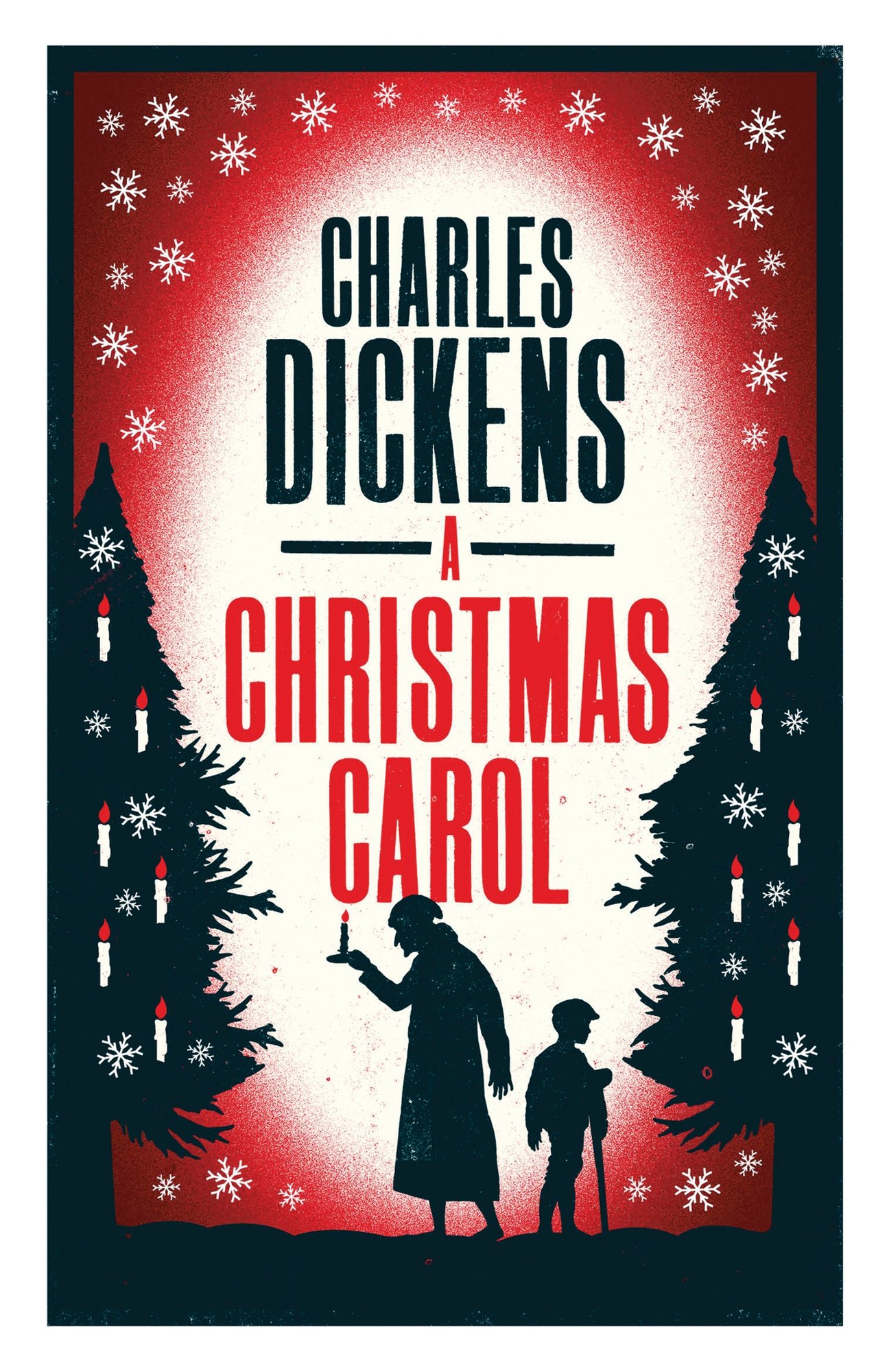 Cover of A Christmas Carol by Charles Dickens featuring silhouettes of two figures between Christmas trees against a red and white gradient background with falling snowflakes
