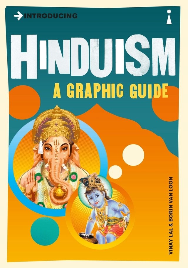 Two different Indian gods are placed in blue and orange circles. The background consist of more blue and orange shapes.