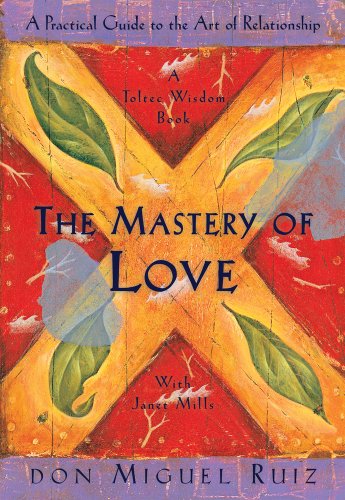 The Mastery of Love cover has an orange x going across it with four green leaves. The background is red with white branches. The top and bottom have purple bars.