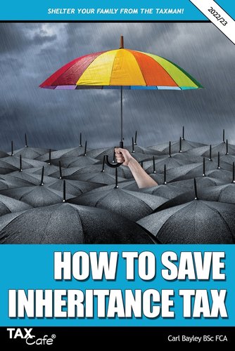 Book jacket for How to Save Inheritance Tax 2022/23 by Carl Bayley. On a rainy day, in a sea of black umbrellas, and arm peaks through and holds up a rainbow umbrella above all the others.