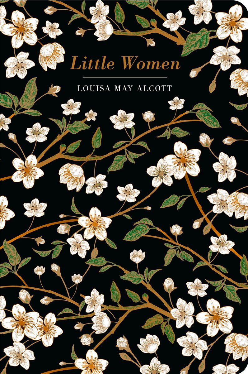 Black background with white flowers and green leaves attached to golden-brown branches. The title, "Little Women" at the top center in gold slanted font, followed by Louisa May Alcott in smaller white font.