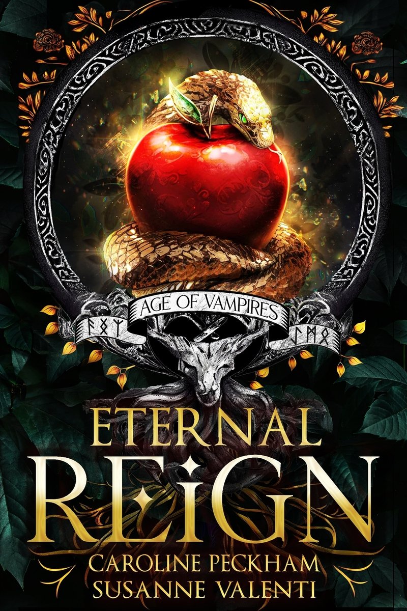 Book cover of Eternal Reign by Caroline Peckham and Susanne Valenti. It features a snake wrapped around a red apple and sitting on what looks like a tree with a horned animal head.