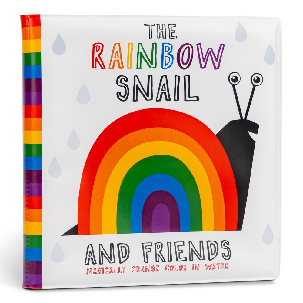 The book cover of The Rainbow Snail & Friends by Karin Åkesson features a smiling snail with a black body and rainbow-shaped and colored shell.