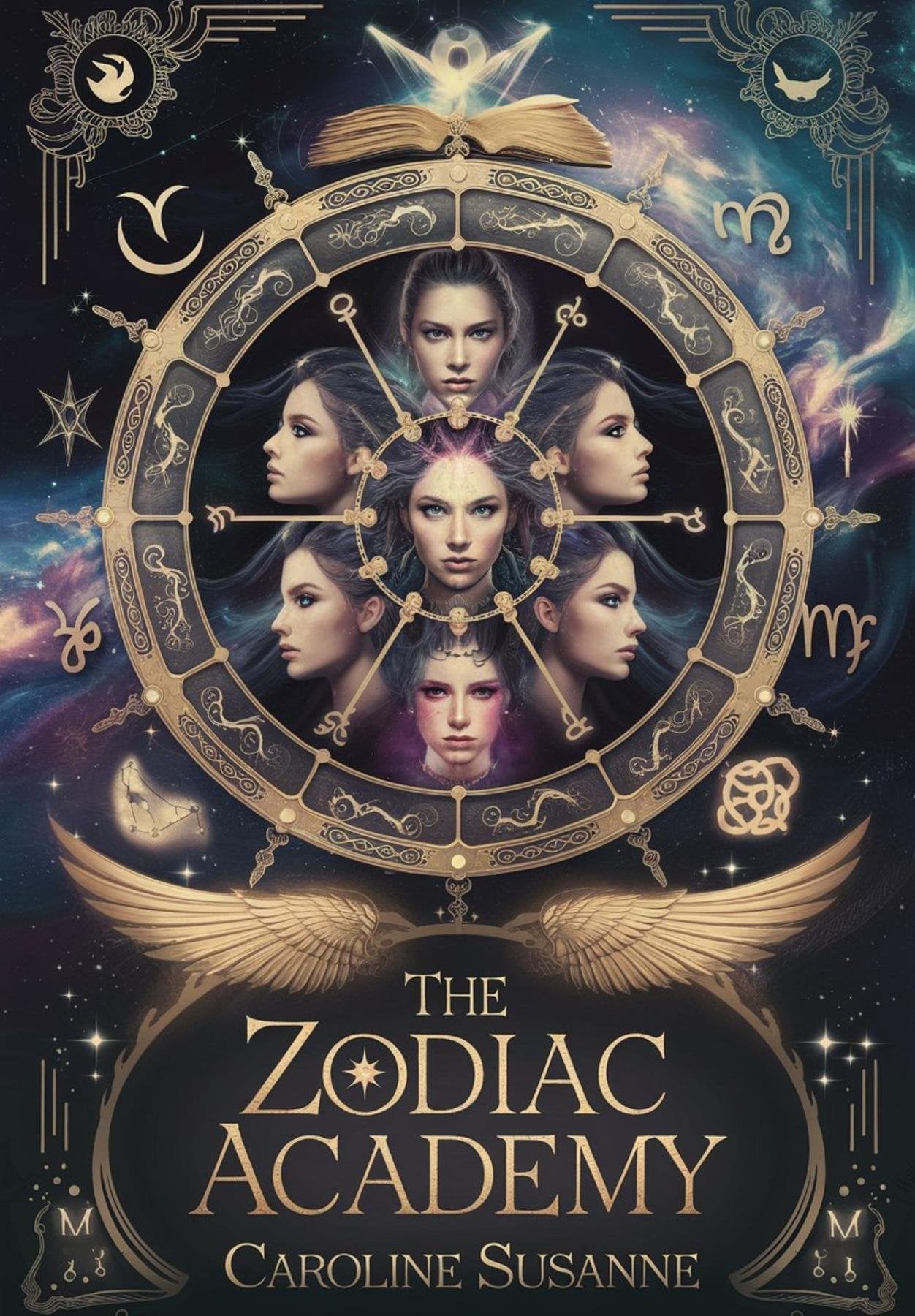 Cover of the Zodiac Academy by Caroline Peckham and Susanne Valenti. The ciricular zodiac chart is in the center, with a galaxy behind it. There are 7 faces in the zodiac chart, and surrounding are are zodiac symbols, animals, wings, books, and it is all painted gold.