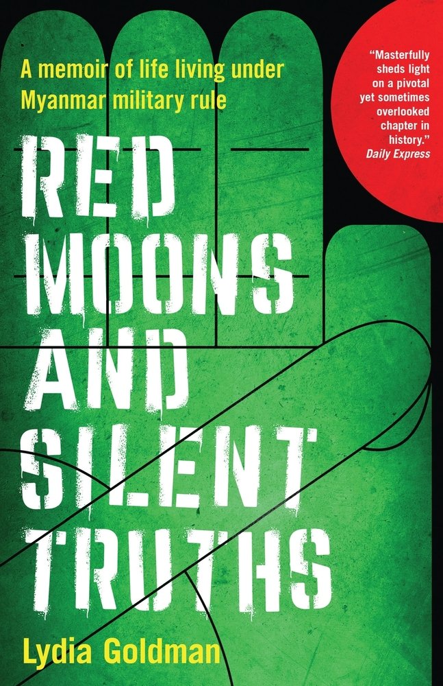 Red Moons and Silent Truths by Lydia Goldman, memoir book cover depicting a drawn green hand with three fingers erect, thumb holding pinkie down.