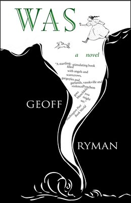 Was by Geoff Ryman, a historical fiction book cover that depicts a black over with a white tornado full of words. At the top of the tornado is a girl running after a dog. The title is written in a thin green font.