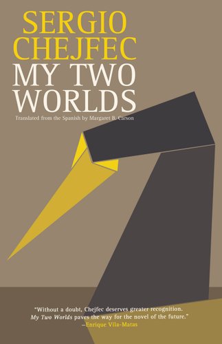 "Mis dos mundos" by Sergio Chejfec book cover of a folded paper with the inside colored yellow and the outside black. The rest of the image is colored a brown and a lighter brown.