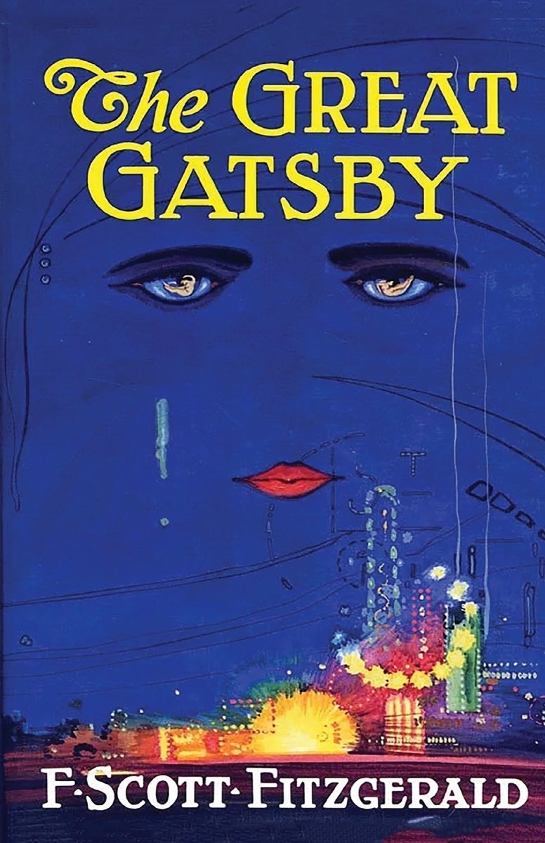 The Great Gatsby by F. Scott Fitzgerald. Eyes and lips with makeup are visible in the deep blue sky of over a bustling city scene.