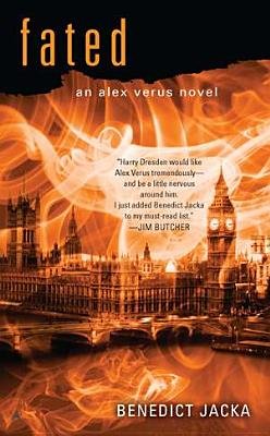 "Fated" by Benedict Jacka book cover, London's cultural landmark Big Ben is filtered in orange with smoking swirls over the building, with the title on the left corner.