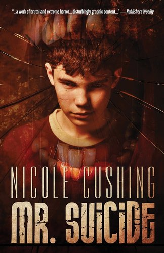 Mr. Suicide cover by Nicole Cushing, young boy staring ahead intensely while his head is framed by a gaping mouth with uneven teeth.